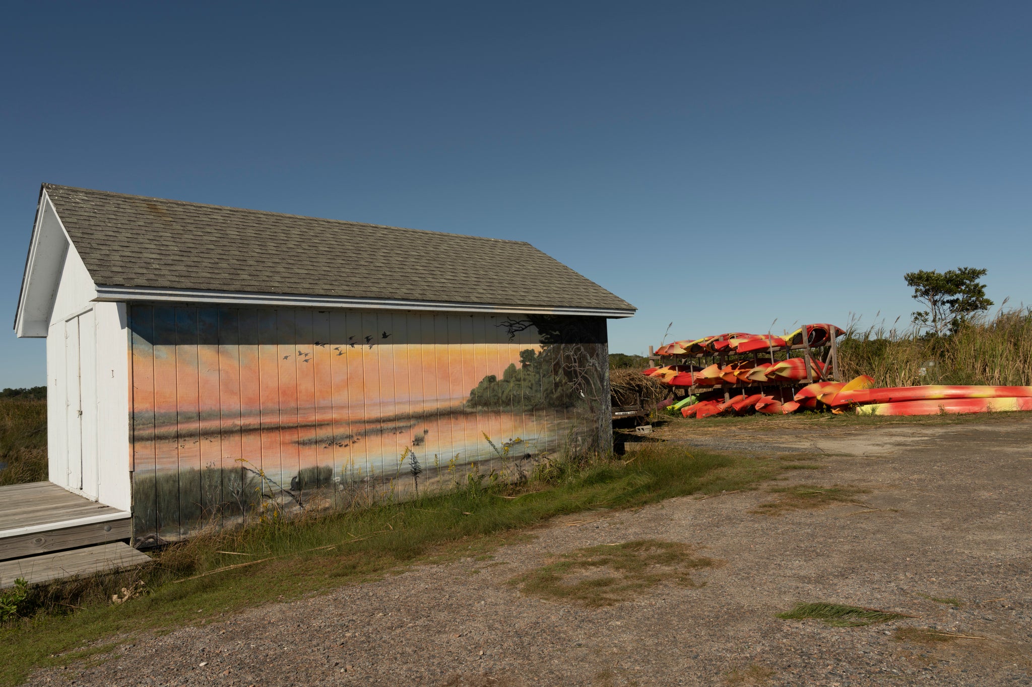 Pine Island boathouse with kayaks in the background. Photo: Sydney Walsh/Audubon